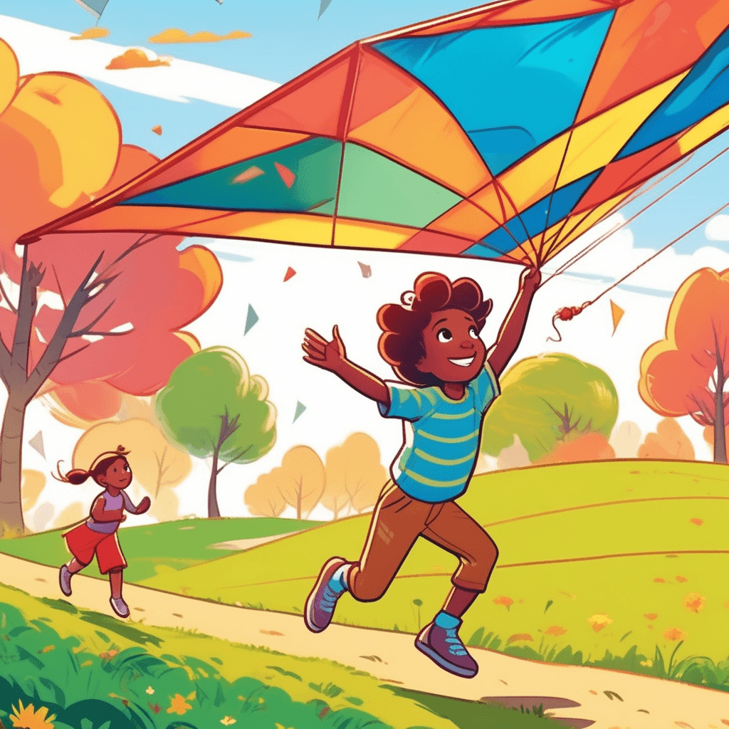 a young child holds tightly to a long string while looking up at the sky with excitement. The child runs forward slightly to keep the diamond-shaped kite airborne against the blue sky. A strong gust of wind catches the kite's colorful fabric, making it dance and pull on the string. The kite soars higher as the wind lifts it, creating tension in the string that connects it to the child below. A parent nearby points up at the kite while smiling, enjoying the successful flight. Another family in the background prepares their own kite for launching. a toy made of light material that flies in the air at the end of a string