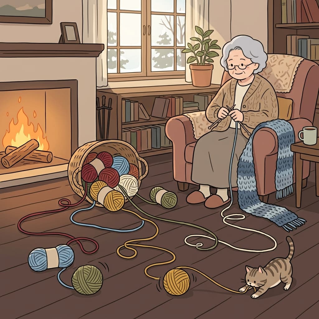 Grandma's basket of knitting threads spills across the cozy living room floor.