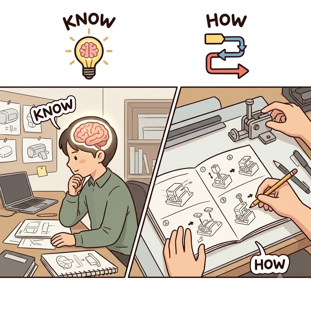 KNOW (understand) + HOW (method) — by combining what he needs to KNOW (understand) with the exact HOW (method) to build it, the engineer mastered the know-how.