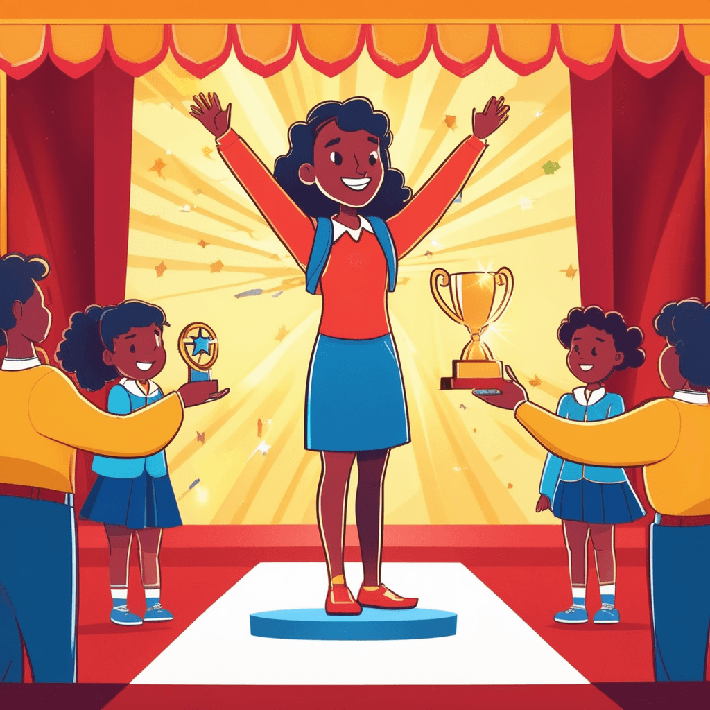 a young student stands proudly on stage as the principal hands her a shining trophy. Her face beams with joy as she accepts the award with both hands raised high. The principal smiles warmly and gestures toward the student while announcing her accomplishment. The audience below claps enthusiastically with many people standing and cheering. Parents in the front row take photos while other students whistle and applaud from their seats. Colorful balloons and streamers decorate the stage behind them. praise and honor being received for an achievement