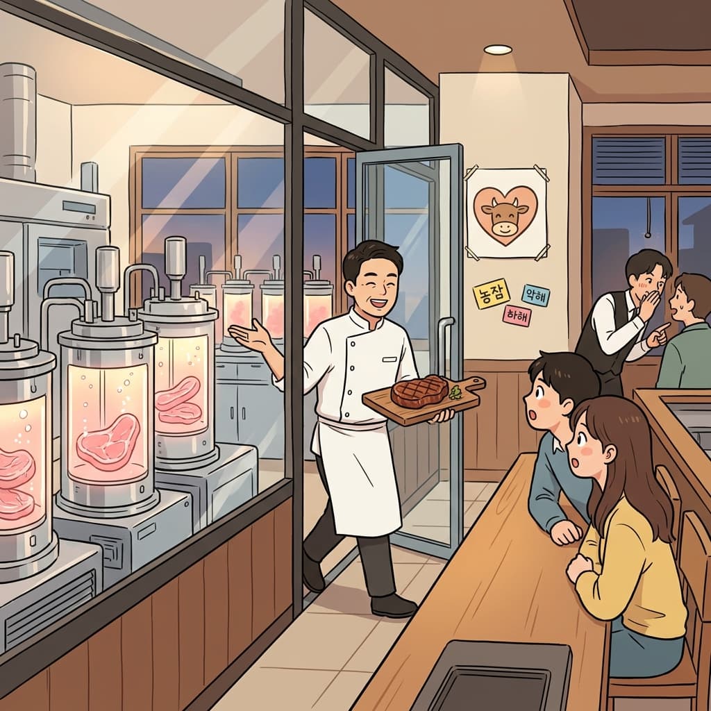 The chef proudly serves a juicy lab-grown steak to curious diners.