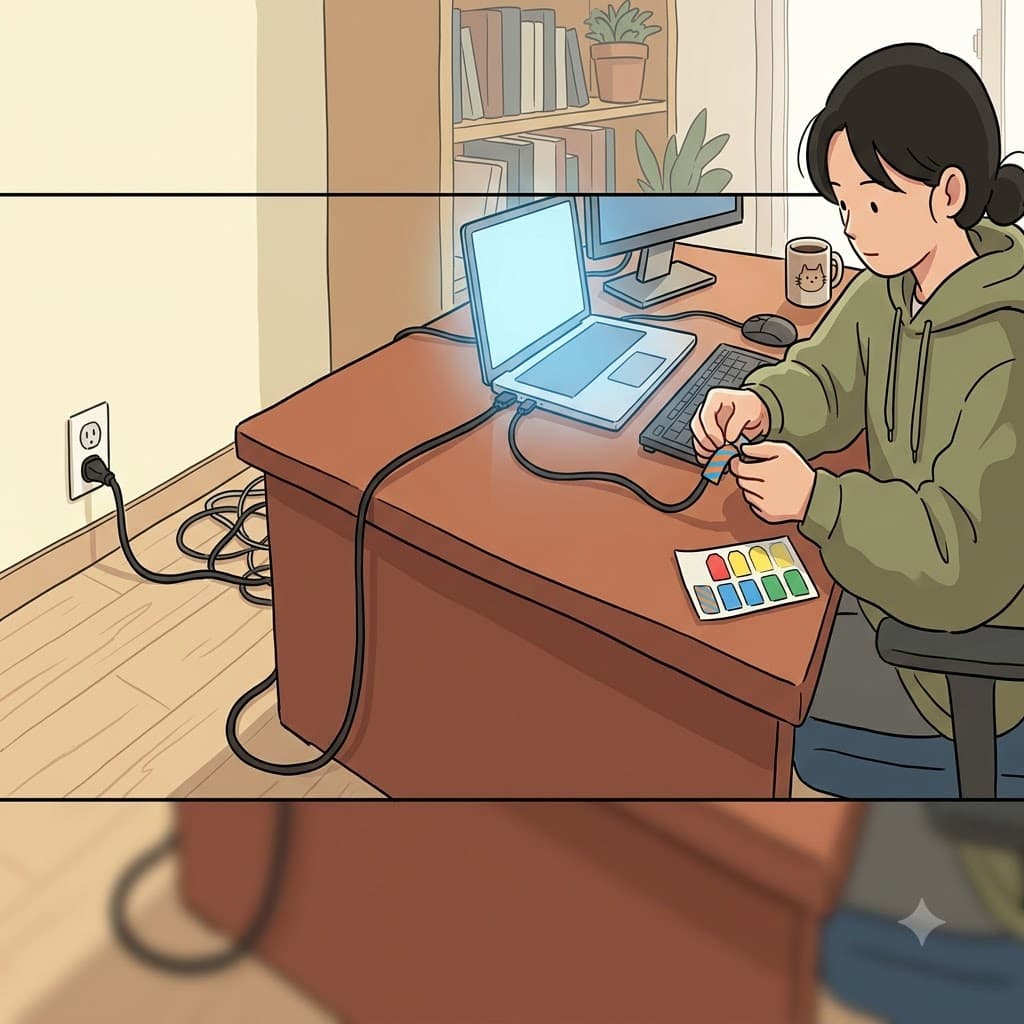 Plugging in the heavy cable across the wooden table, she placed an identifying label on the device.