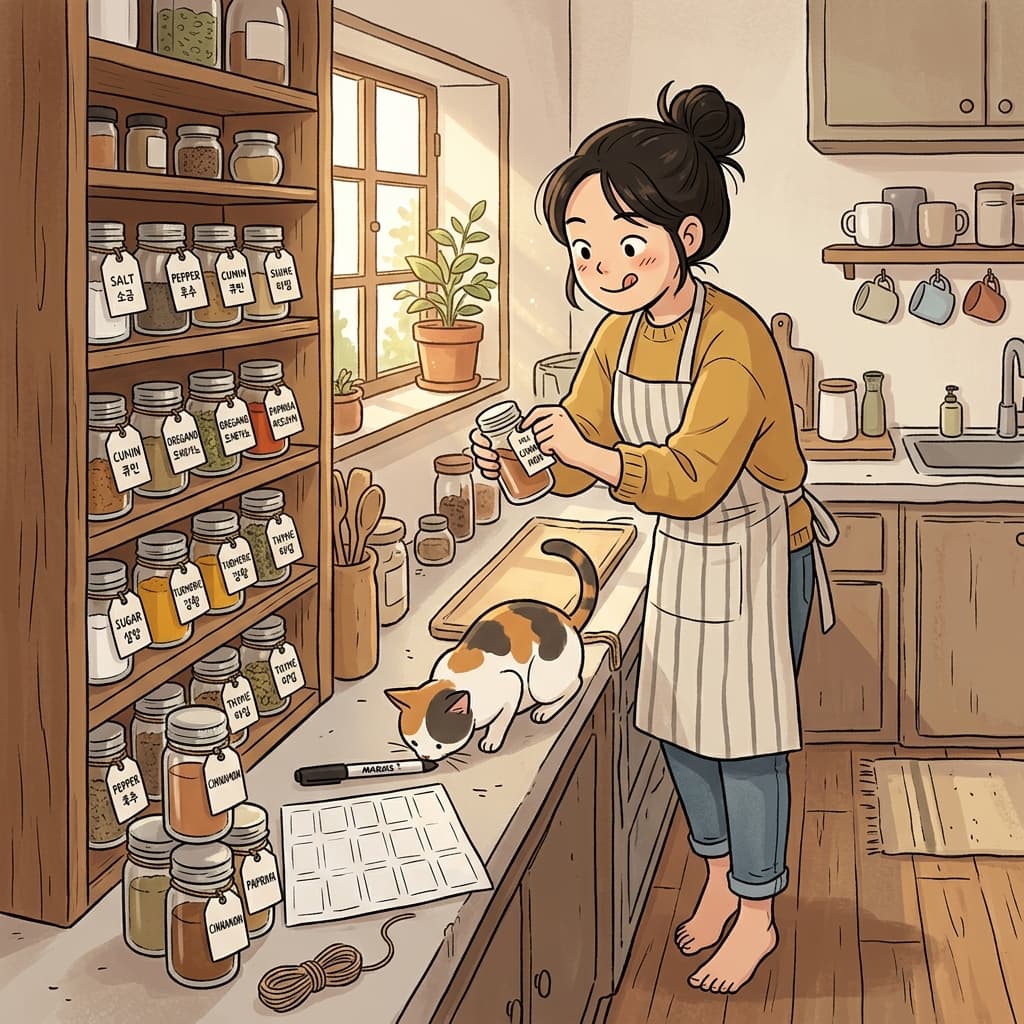 Careful labeling on every jar keeps her spice shelf perfectly organized.
