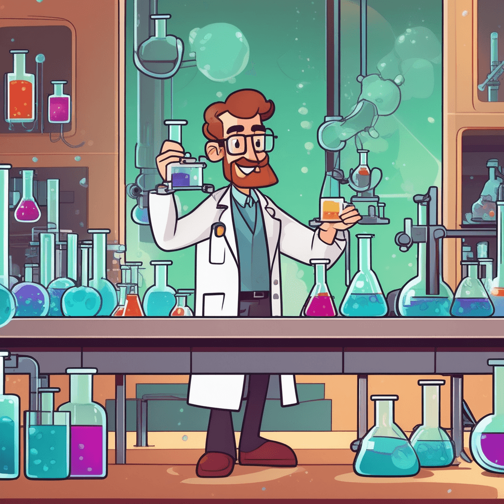a scientist carefully adds drops from a beaker into a glass flask on the lab bench. The liquid in the flask immediately begins changing colors from blue to red to yellow rapidly. The reaction bubbles and shifts unpredictably as steam rises from the container. Another scientist nearby watches nervously as the mixture continues its unstable transformation. a substance that is readily open to change and unstable