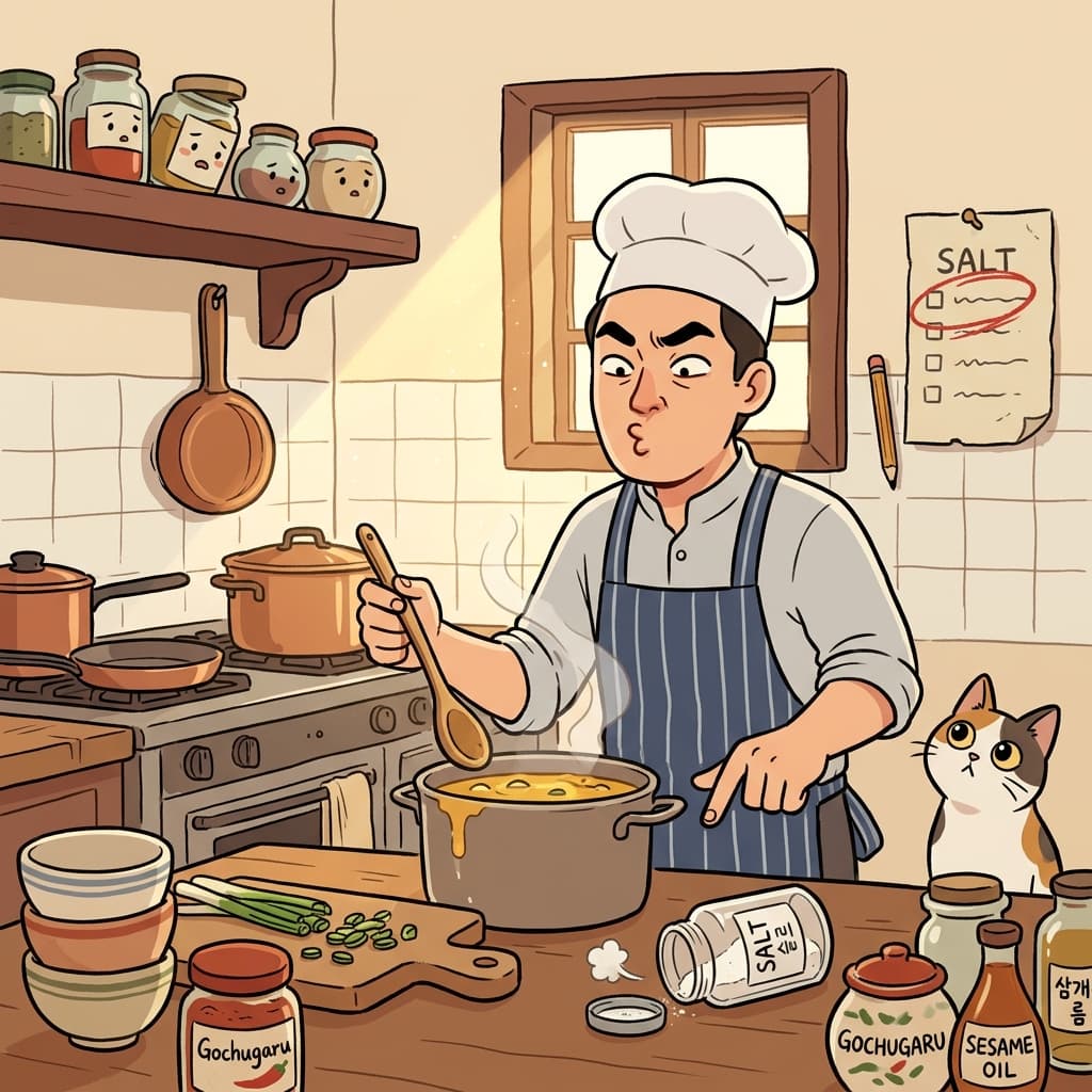 The soup is lacking salt, so the chef frowns at the first taste.