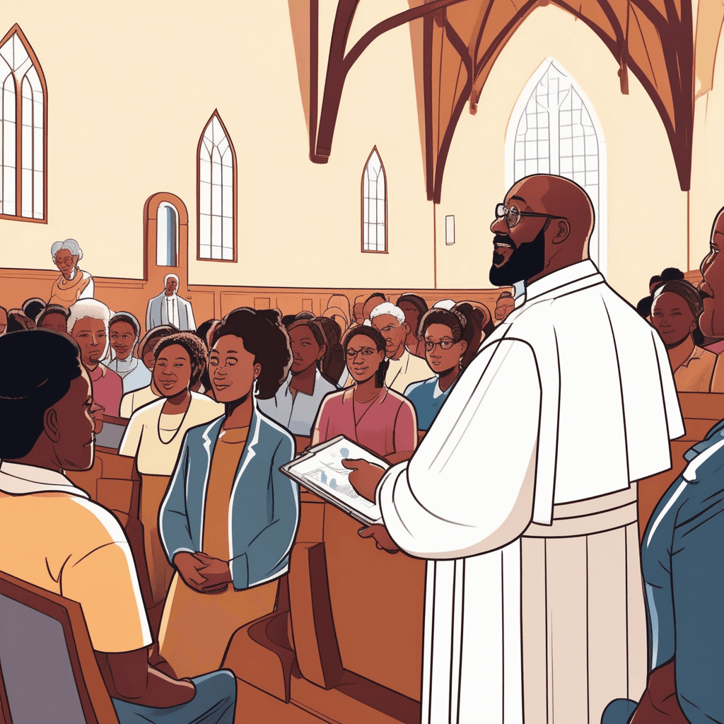 Several other church members in jeans, sweaters, and everyday outfits listen attentively to the speaker. ordinary laypeople distinguished from the clergy member by their non-religious clothing and active participation in community affairs