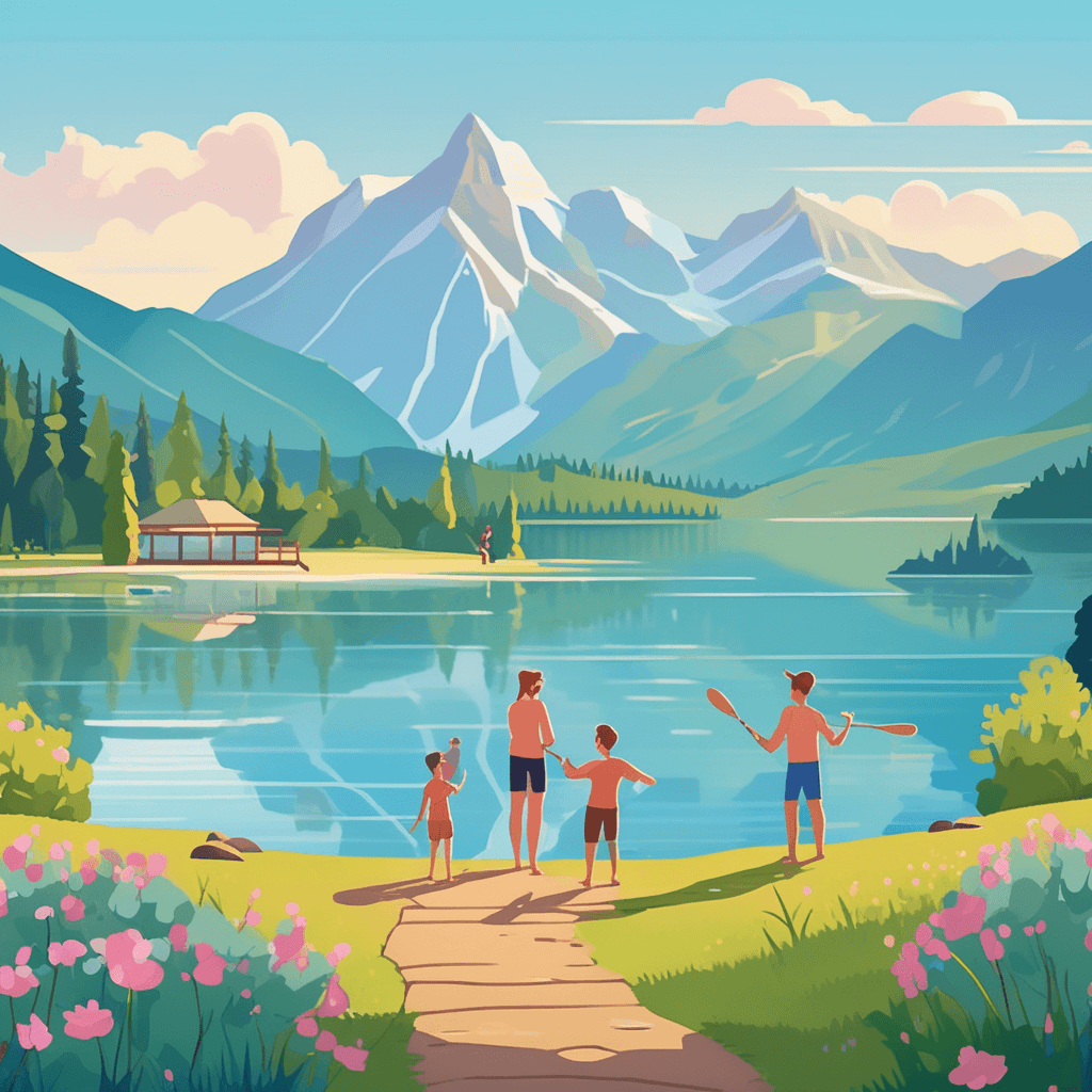 A family enjoys a peaceful picnic beside the mountain lake