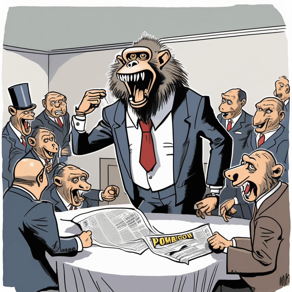 The cartoon baboon lampoons the buffoon!