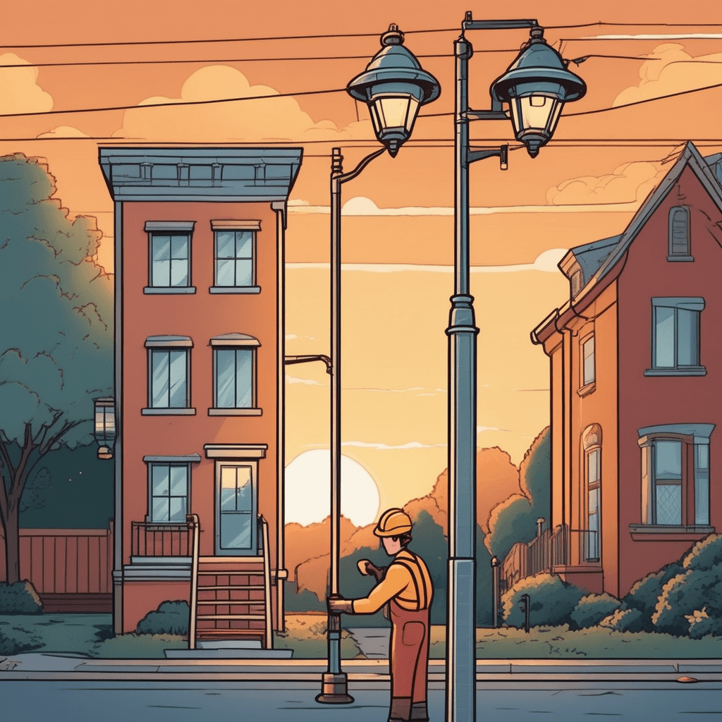 a maintenance worker climbs a ladder to replace the bulb in a tall ornate lamppost. The worker carefully unscrews the glass cover at the top of the metal post. As darkness begins to fall around the neighborhood, other lampposts along the street start flickering on automatically. A curious child watches from the sidewalk below, pointing up at the worker. a tall post supporting a street light being maintained for public illumination