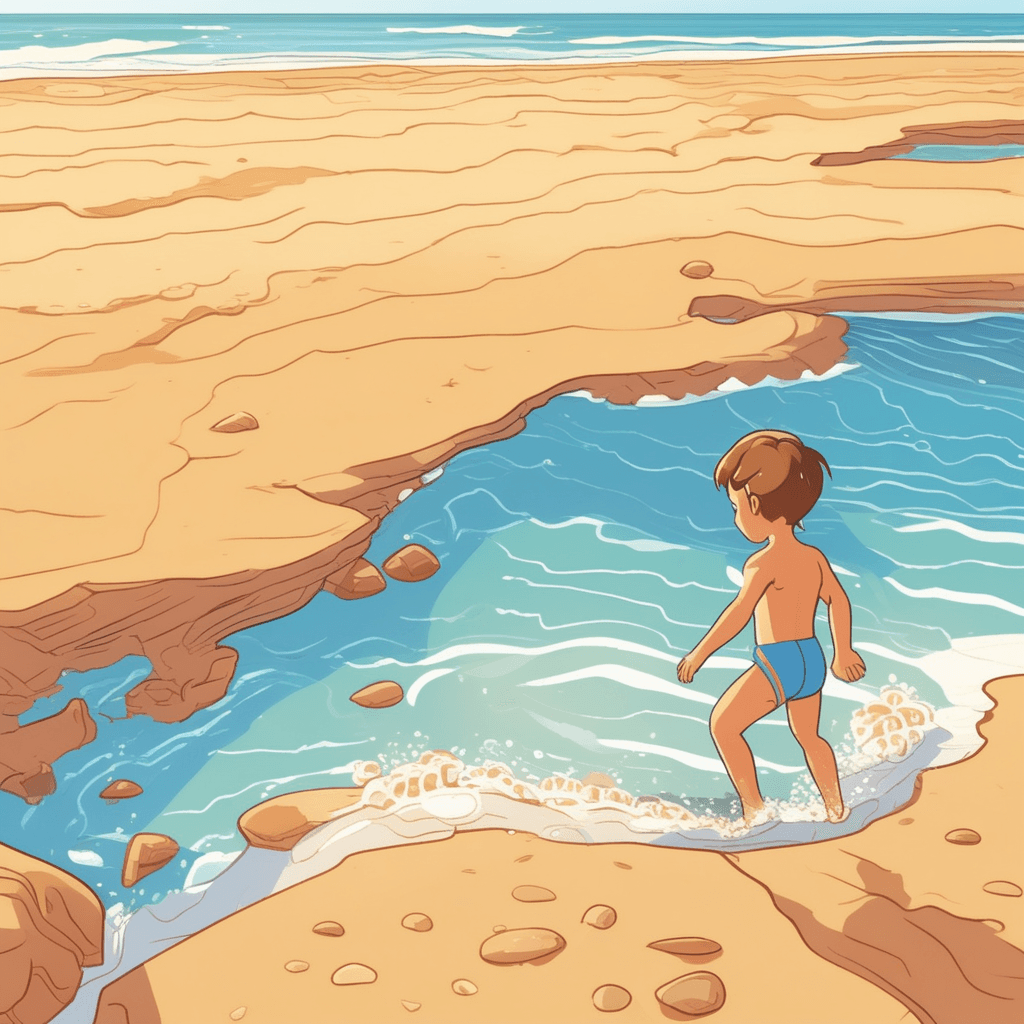 A child steps onto dry land after swimming in the ocean