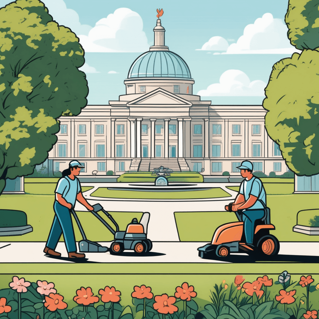a landscape worker operates a lawn mower across a large grassy area while another crew member trims hedges with pruning shears nearby. The freshly cut grass shows neat parallel lines where the mower has passed through. Trimmed hedge clippings fall to the ground as the bushes take on a perfectly sculpted shape. A third worker waters colorful flower beds while a supervisor checks the sprinkler system functionality. The park transforms from slightly overgrown areas to pristine, well-groomed sections. the regular care and upkeep of outdoor areas including gardens, lawns, and grounds
