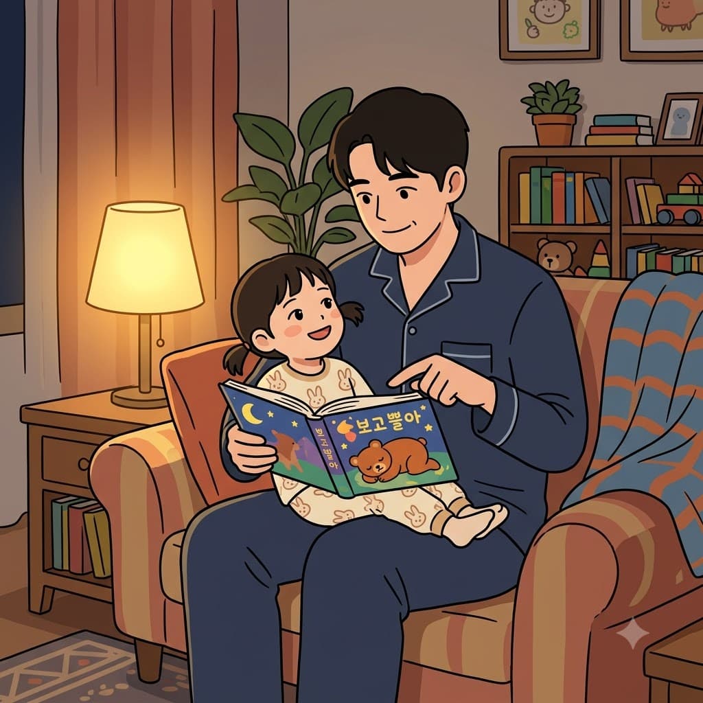 The little girl sat on her father's lap while he read her a bedtime story.