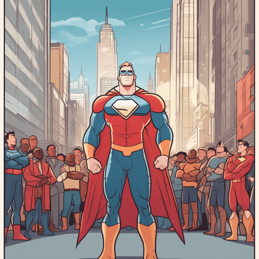 a massive superhero with flowing cape stands confidently with arms crossed, towering over normal-sized people around him. His presence radiates power and charisma that makes him seem almost mythical compared to ordinary citizens. The crowd of people below looks up in awe and wonder at his commanding figure. Their expressions show complete admiration and excitement as they point and stare at this incredible being. someone having qualities that are more impressive, exciting, and remarkable than those of ordinary people