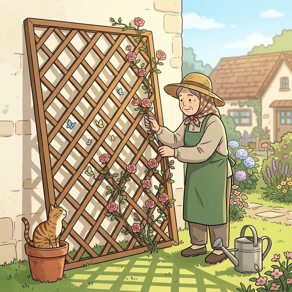 The gardener trains climbing roses up the wooden lattice against the sunny wall.