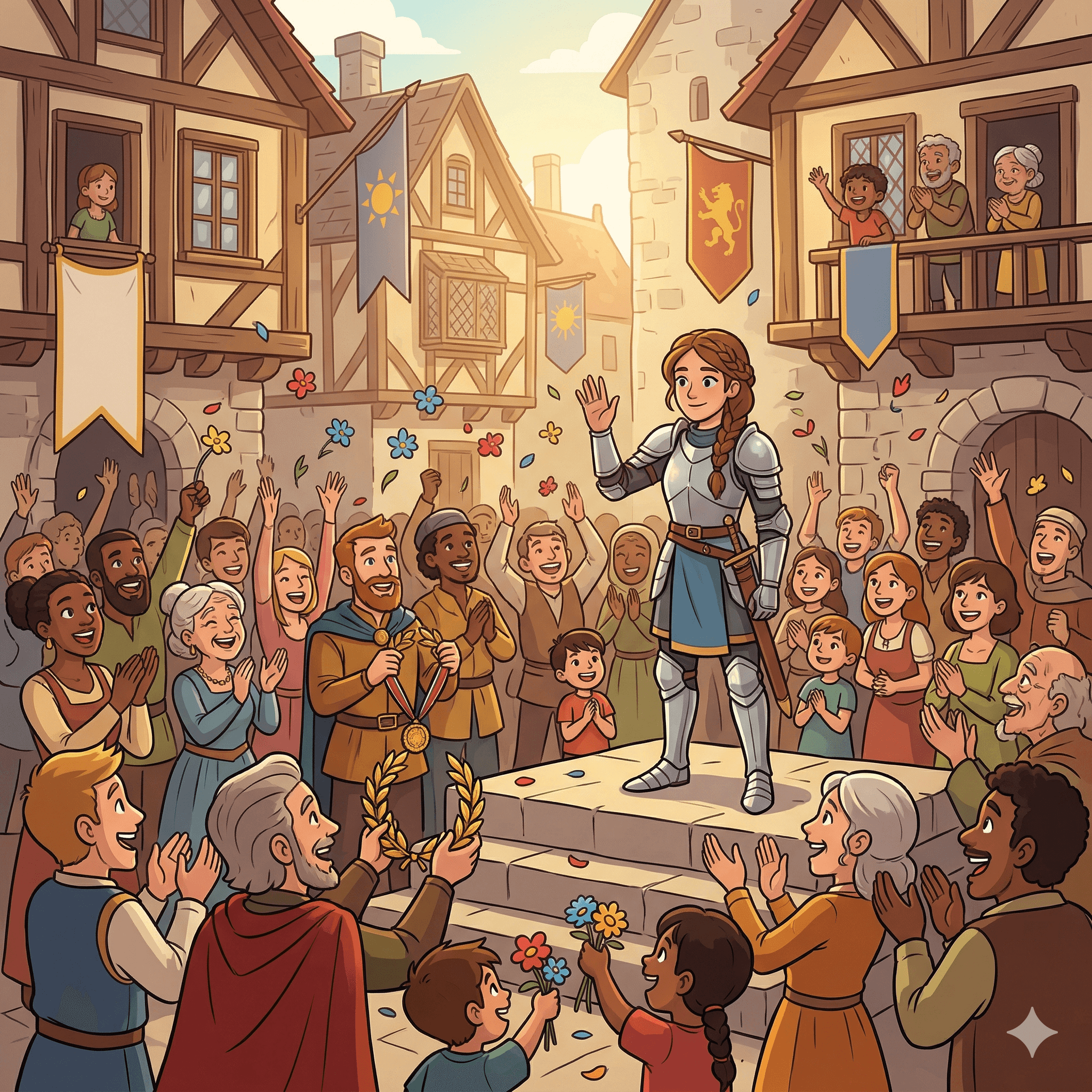A large crowd gathers to laud a brave hero for their courageous deeds.