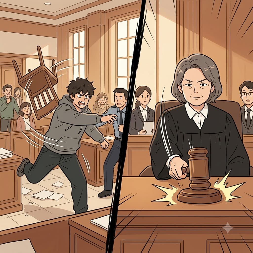 While the angry criminal violently threw a chair in the courtroom, the calm judge struck his heavy wooden gavel to enforce the strict law.