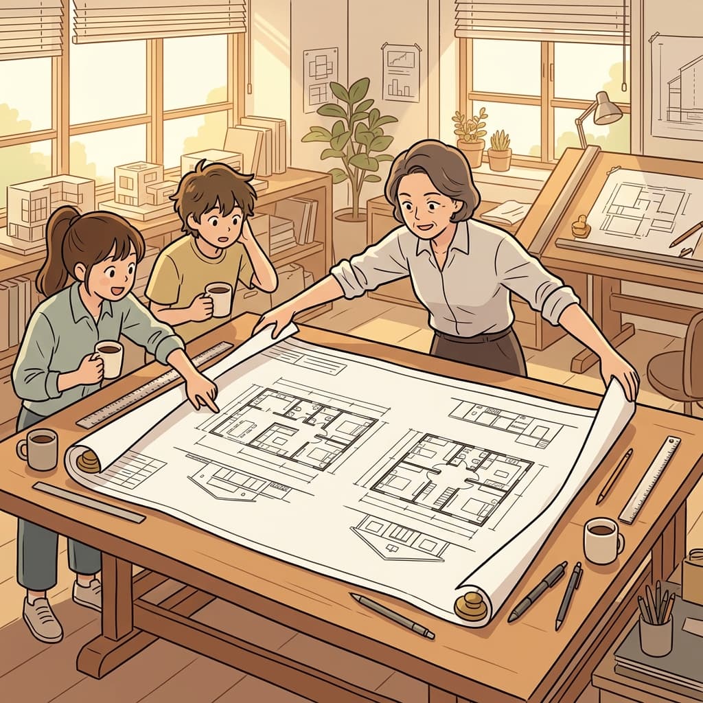 The architect lays out the blueprint on the giant table for everyone to see.