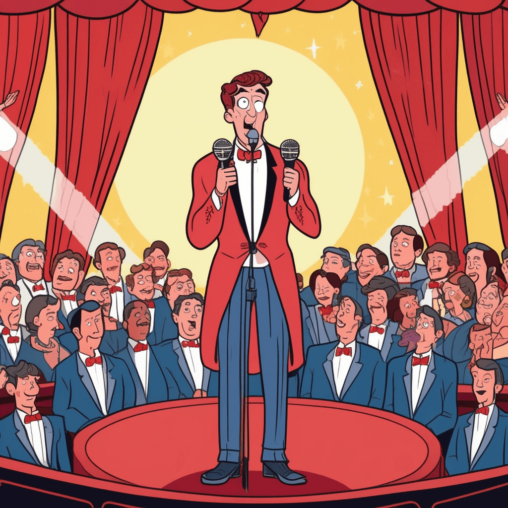 a nervous comedian stands frozen at the microphone with sweat drops on his forehead. He gestures awkwardly with his hands while his mouth hangs open in panic. The joke he just told falls completely flat with no reaction from anyone. The audience sits with blank expressions, some looking at their phones or yawning. A few people in the front row shake their heads in disappointment while others look uncomfortable. someone failing completely at their performance