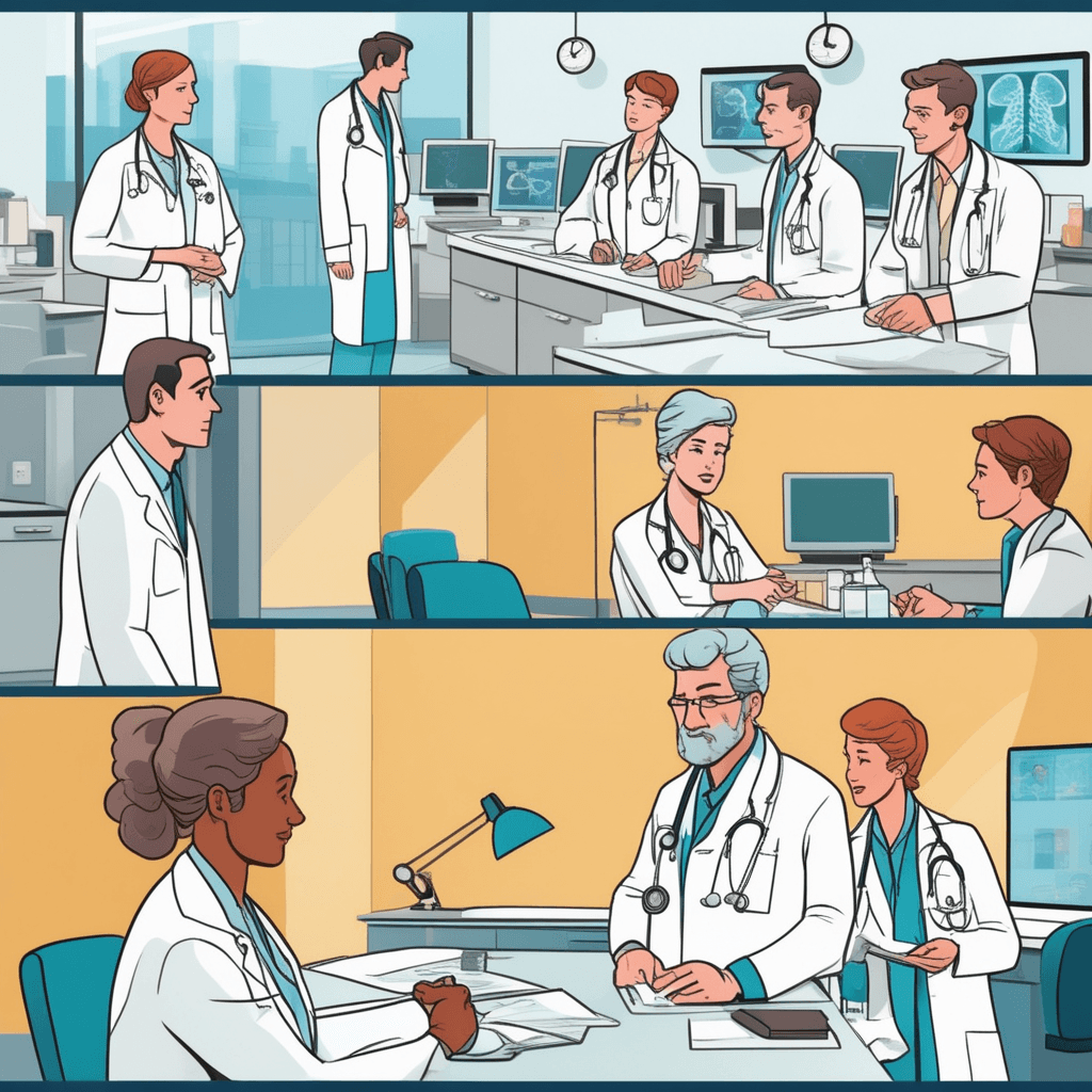 a doctor in a white coat explains a complex medical procedure using technical diagrams and charts. The patient, an ordinary person in casual clothes, looks completely confused with a puzzled expression and scratches their head. The doctor points confidently at detailed medical illustrations while speaking. The patient nods politely but clearly doesn't understand any of the specialized terminology being used. A nurse nearby observes the communication gap between the medical professional and the regular person. The patient's confused facial expression shows they lack the specialized knowledge to follow the explanation. a person without professional or specialized knowledge in a particular subject