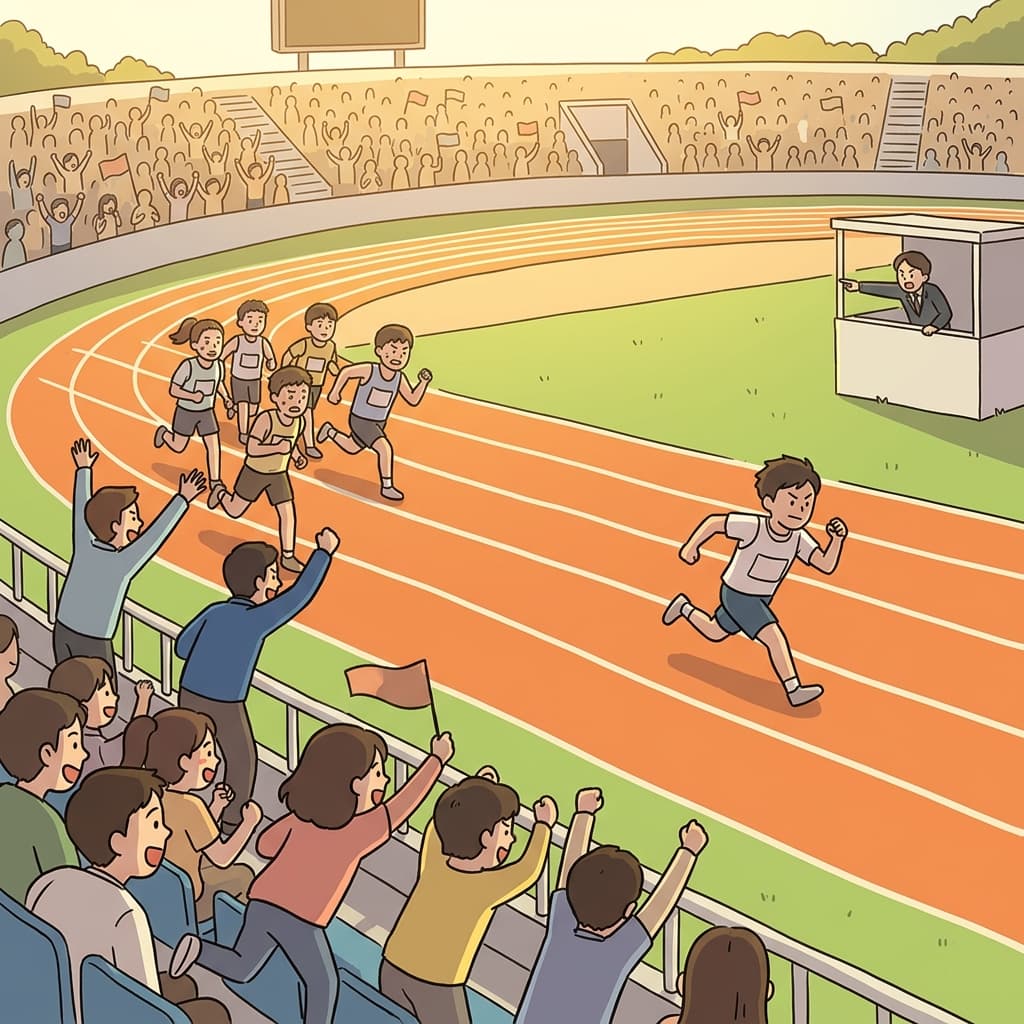 The leading runner pulls ahead as the crowd erupts in the final stretch.