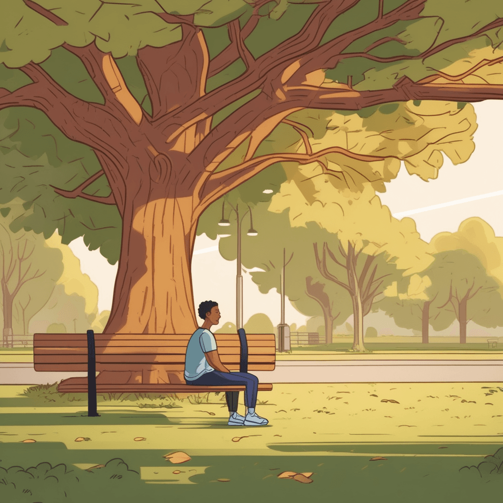 a tired jogger in athletic wear places their back against the thick trunk of an oak tree. The person's full body weight rests against the solid bark surface while they catch their breath. Their running shoes are planted firmly on the ground as they use the tree for complete support. Another jogger nearby stretches on a bench, also taking a rest break. A few fallen leaves scatter around the base of the supportive tree trunk. someone leaning against something to rest their body weight for support