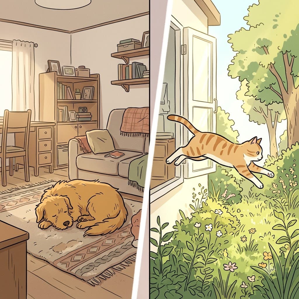 While the dog decided to stay safely inside the cozy house, the adventurous cat chose to leave through the open window.
