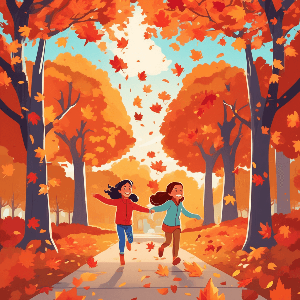 a young girl reaches up trying to catch bright red and orange leaves as they drift down from the tree branches above. Her friend jumps excitedly beside her, arms outstretched toward the falling foliage. The autumn wind causes dozens of colorful leaves to detach from the trees and spiral downward. More leaves continue falling like natural confetti all around the children. Other park visitors in the background smile as they watch the leaf-catching game unfold. Parents nearby rake up piles of fallen leaves that have already accumulated on the ground. the flat green and colorful parts of plants that have fallen from trees