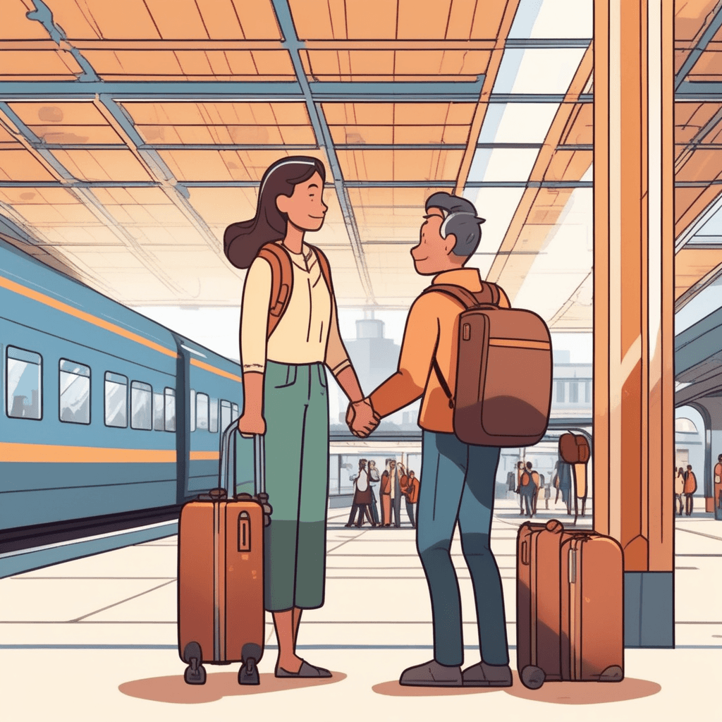 a young woman with a suitcase hugs her parents tightly near the train doors. She steps back from the embrace and picks up her luggage with a bittersweet smile. The train conductor signals that it's time to board as other passengers move toward the cars. Her parents wave with sad but supportive expressions as she walks toward the train entrance. the act of going away from a place or person