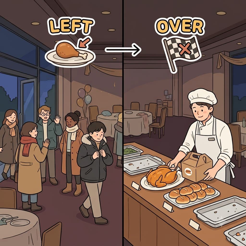 LEFT (remaining) + OVER (after it ends) — by collecting the roasted chicken that remained LEFT after the party was OVER, the cook packed a hearty leftover.