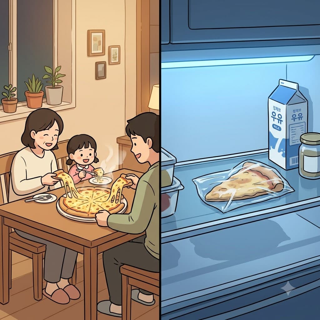 While the family happily ate the piping hot pizza, several cold slices became leftovers in the fridge.