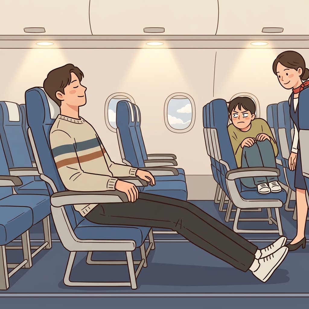 He stretched his legs gratefully — finally, some real leg room on this flight.