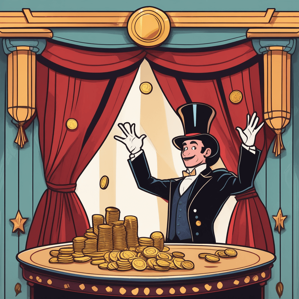 a top-hatted magician gracefully waves his hands over a small table while three coins seemingly dance between his fingers. His nimble fingers move with practiced precision as he makes the coins appear and disappear in impossible ways. The audience watches intently as one coin vanishes from his left hand only to reappear behind a child's ear in the front row. A woman gasps and points while a gentleman adjusts his glasses in amazement. The child giggles with delight as the magician winks conspiratorially. the skillful use of hands when performing conjuring tricks and artful deception