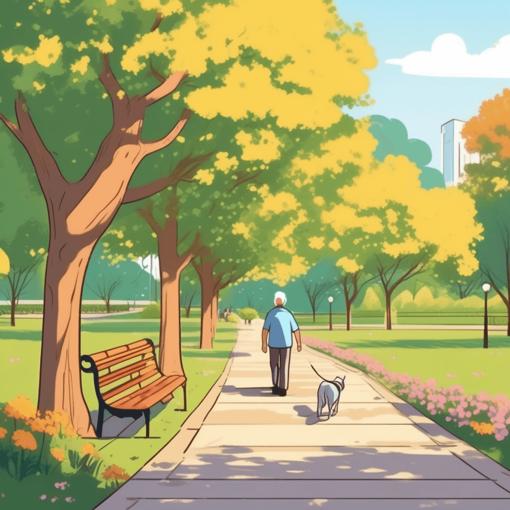 He took a leisurely walk through the park with his dog.