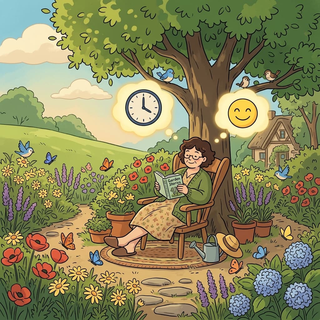 She leisurely read a novel in the garden beneath a shady tree. (LEISURE = FREE TIME TO ENJOY)