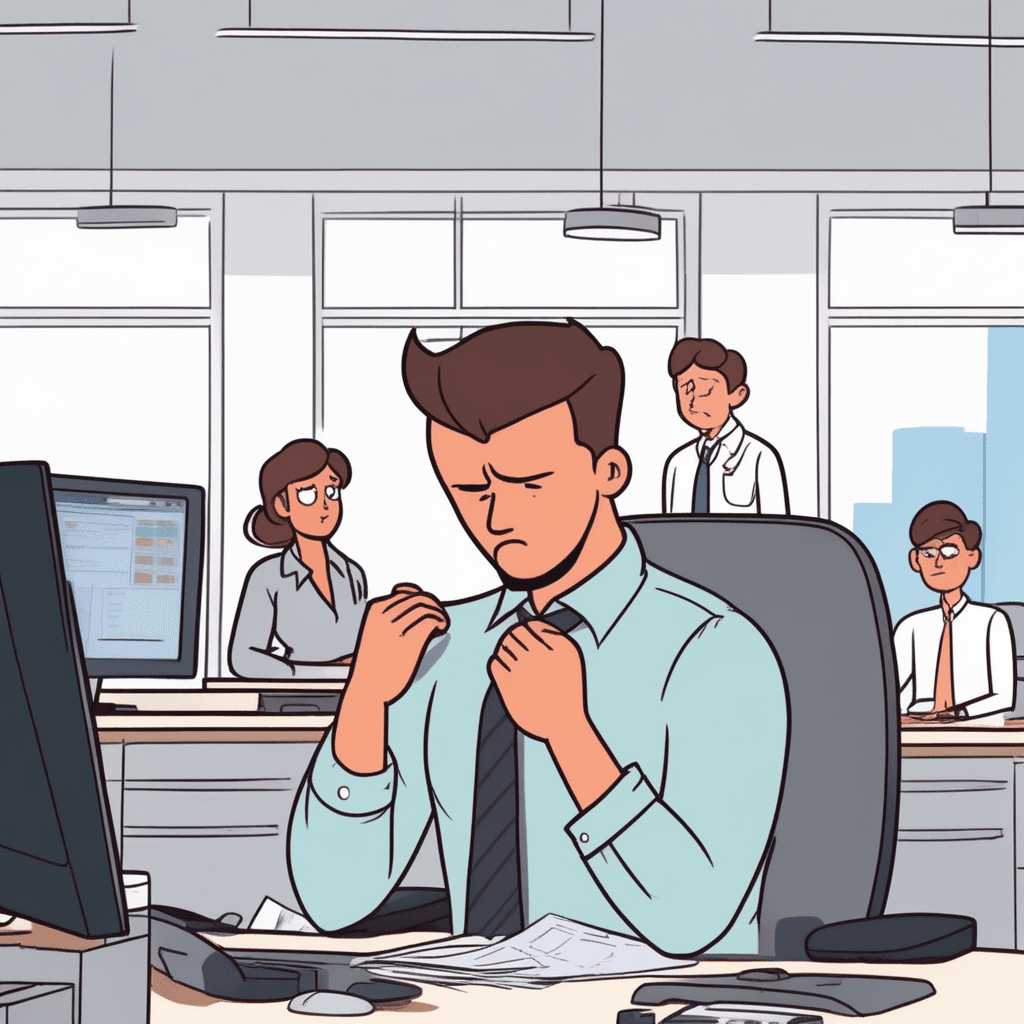 a previously angry boss puts down a stack of papers and places a gentle hand on a stressed employee's shoulder. The boss's facial expression softens from a frown to a concerned, understanding look. The employee, who was hunched over with worry, begins to relax and look up with relief. Before this moment, the employee appeared overwhelmed with work and fear, but now shows visible comfort. Other coworkers in the background notice the change and smile approvingly at the boss's gentler approach. someone being less harsh, critical, or demanding toward another person