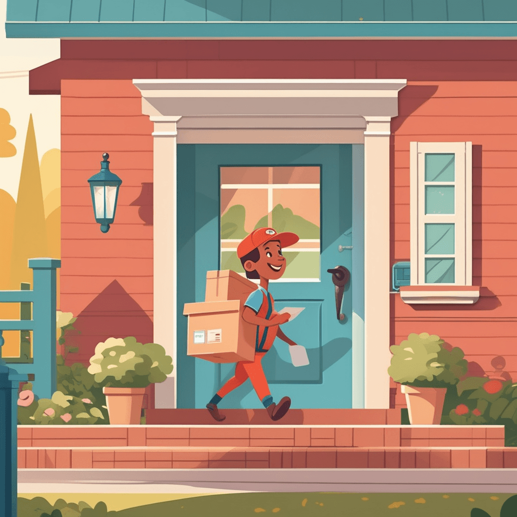 a friendly mail carrier carefully slides colorful envelopes through a rectangular metal slot built into the front door. The mail carrier holds several letters in one hand while pushing them through the opening with the other. The letters disappear through the slot and fall to the floor inside the house. A curious cat on the other side of the door watches the mail drop down and land on the welcome mat. A homeowner approaches from inside to collect the freshly delivered mail from the floor. a slot in a door through which mail is delivered