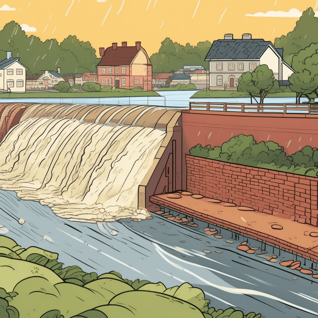 a town engineer points toward the tall earthen wall that runs along the swollen river. Rain pours down as dark storm clouds gather overhead above the rushing water. The river level rises dangerously high but the raised embankment holds the water back from reaching the houses. Without this barrier, the flooding river would spill over into the residential area behind it. Townspeople stand safely on the protected side, watching the contained floodwaters. Some residents look relieved as they observe how the structure keeps their homes dry. an embankment built to prevent the overflow of a river