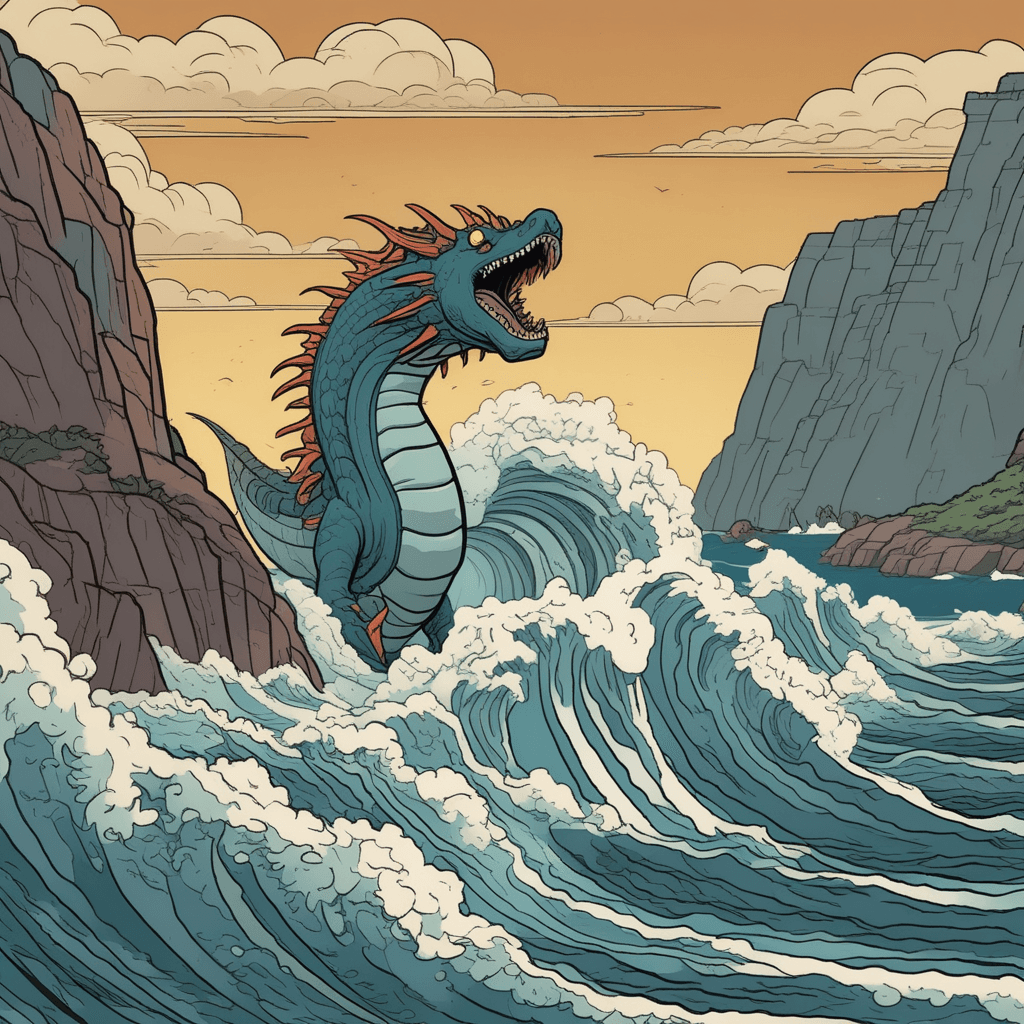 a colossal sea serpent with glowing eyes rises from the churning dark waters near a small fishing boat. Its massive head towers above the vessel as water cascades from its enormous body. The tiny boat rocks violently in the creature's wake as sailors scramble in terror. Several fishermen point upward at the beast while others grab onto ropes to avoid falling overboard. Storm clouds swirl overhead as lightning illuminates the creature's immense scale. a very large sea monster demonstrating something very large and powerful