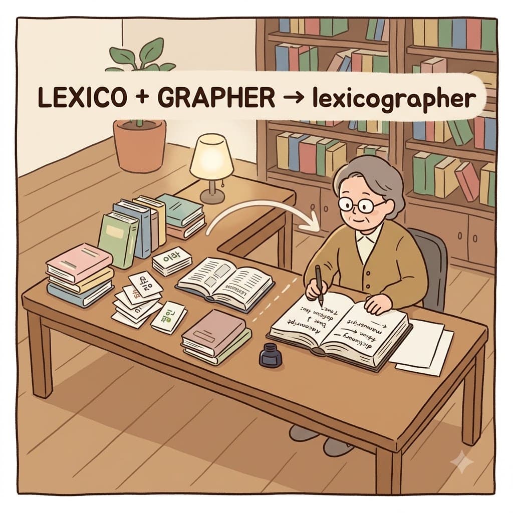 The lexicographer worked on a dictionary, checking every word's meaning, usage, and spelling before publication. (Break it into: LEXICO + GRAPHER: LEXICO → words / vocabulary, GRAPHER → someone who writes or records)