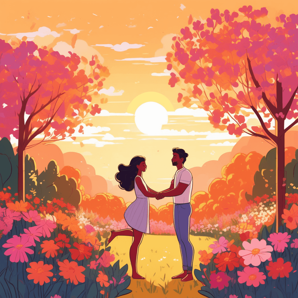 A libido couple embraces with passionate energy in a blooming garden