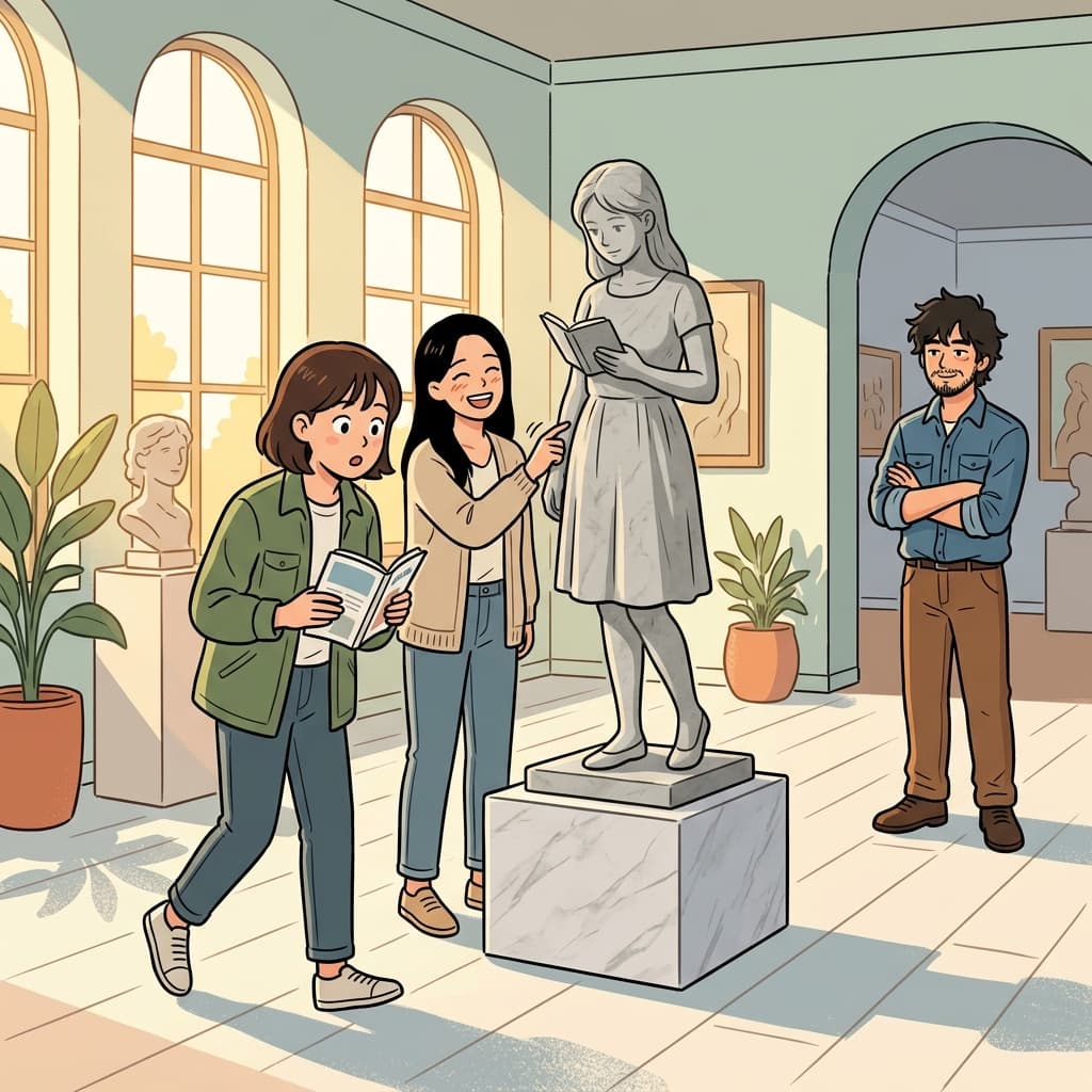 The sculptor's lifelike statue makes visitors think a real person is standing there.