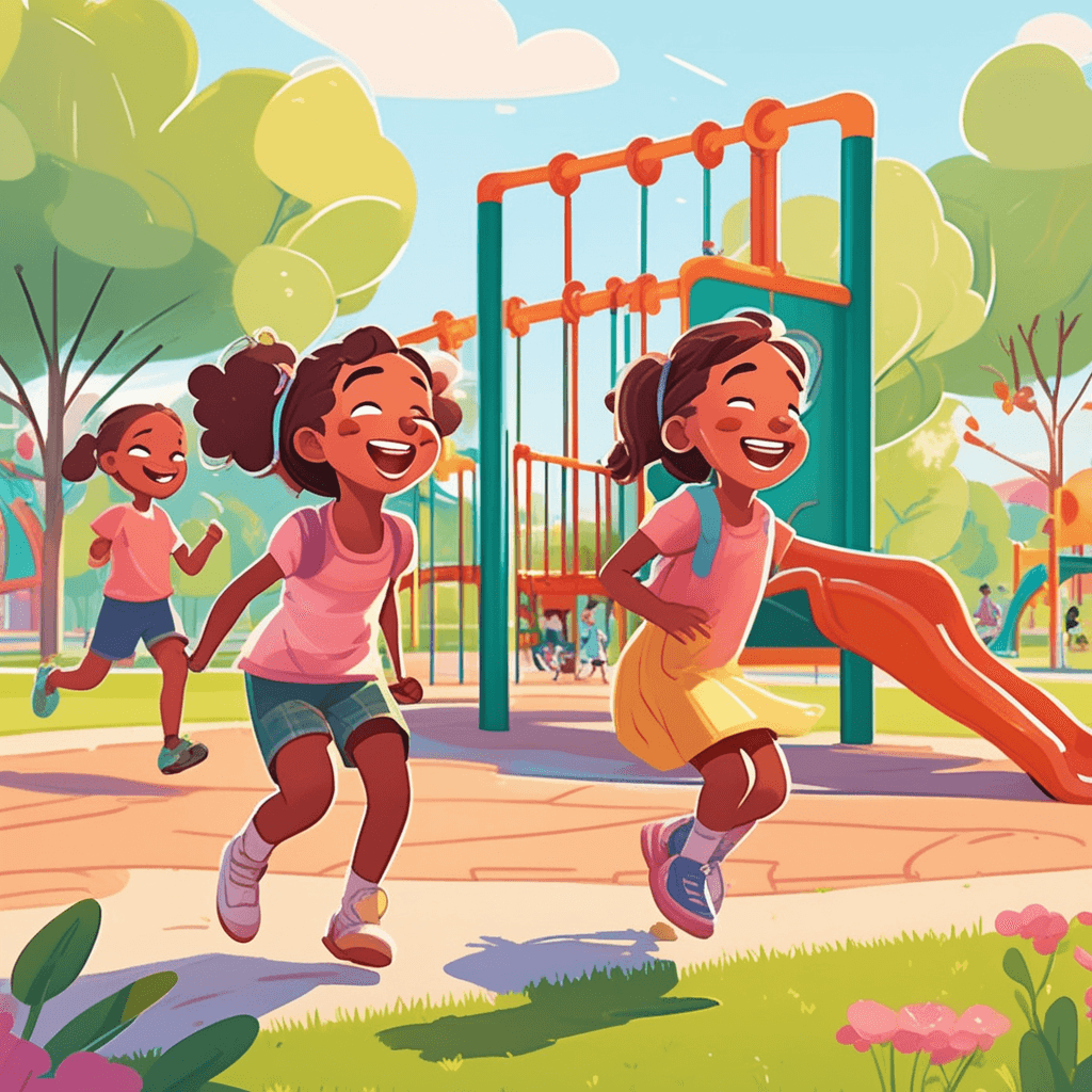 a young girl with pigtails skips rope while laughing joyfully with her eyes closed and a big smile. Her friend spins the rope on the other end, giggling as they both move in rhythm. The skipping girl accidentally trips but immediately bursts into even more laughter instead of feeling upset. Her friend rushes over to help her up, both of them continuing to laugh together. Other children nearby smile and clap at their infectious happiness and carefree attitude. A few kids join in to play more games without any worry about making mistakes. a cheerful and carefree attitude where nothing feels serious or worrying