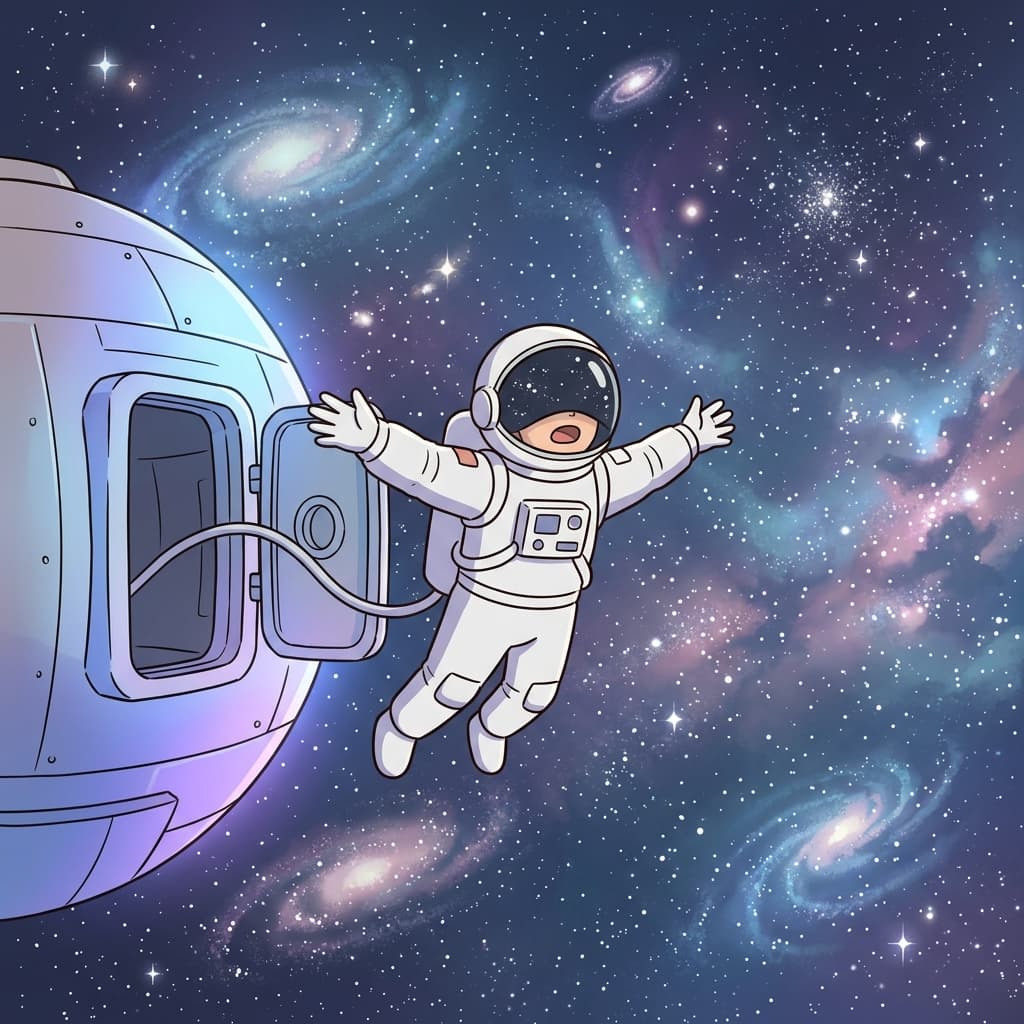 The astronaut floats into a limitless ocean of stars stretching forever beyond the horizon.