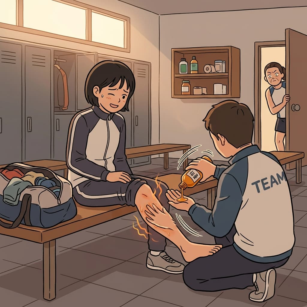 The trainer rubs liniment on the runner's aching calf before the race.