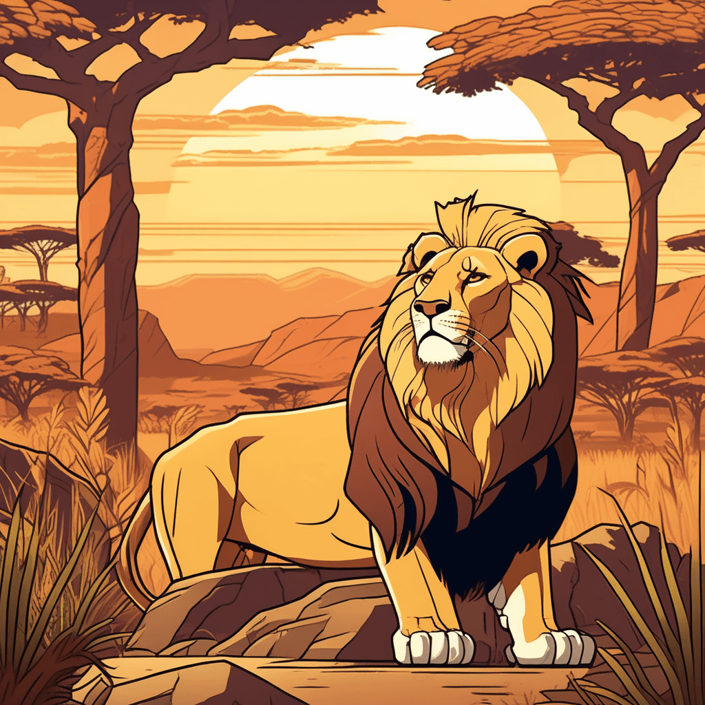 a massive male lion with a thick dark mane stands proudly on a rocky outcrop surveying his territory. His muscular body displays the characteristic yellowish-brown fur as he lets out a mighty roar. A family of zebras in the distance immediately stops grazing and looks up alertly at the sound. The zebras quickly gather together and begin moving away from the lion's presence. Other animals like gazelles scatter across the savanna while the lion remains dominant on his perch. a large wild cat with yellowish-brown fur that lives in Africa displaying its natural behavior as an apex predator