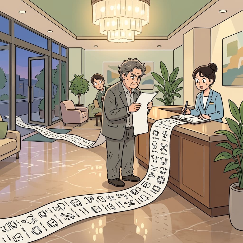 He recited a long litany of complaints about the hotel service.