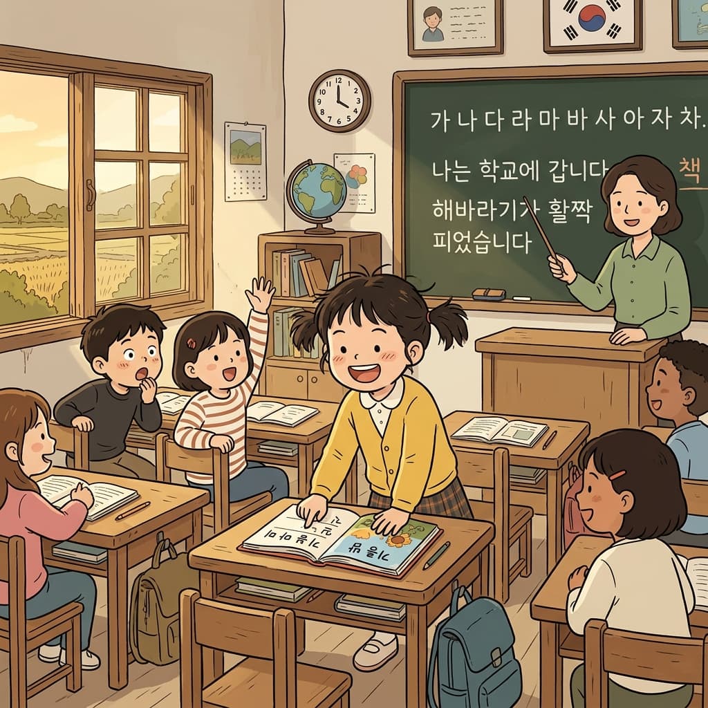 In the village classroom, children proudly read their first sentences aloud, gaining literacy.