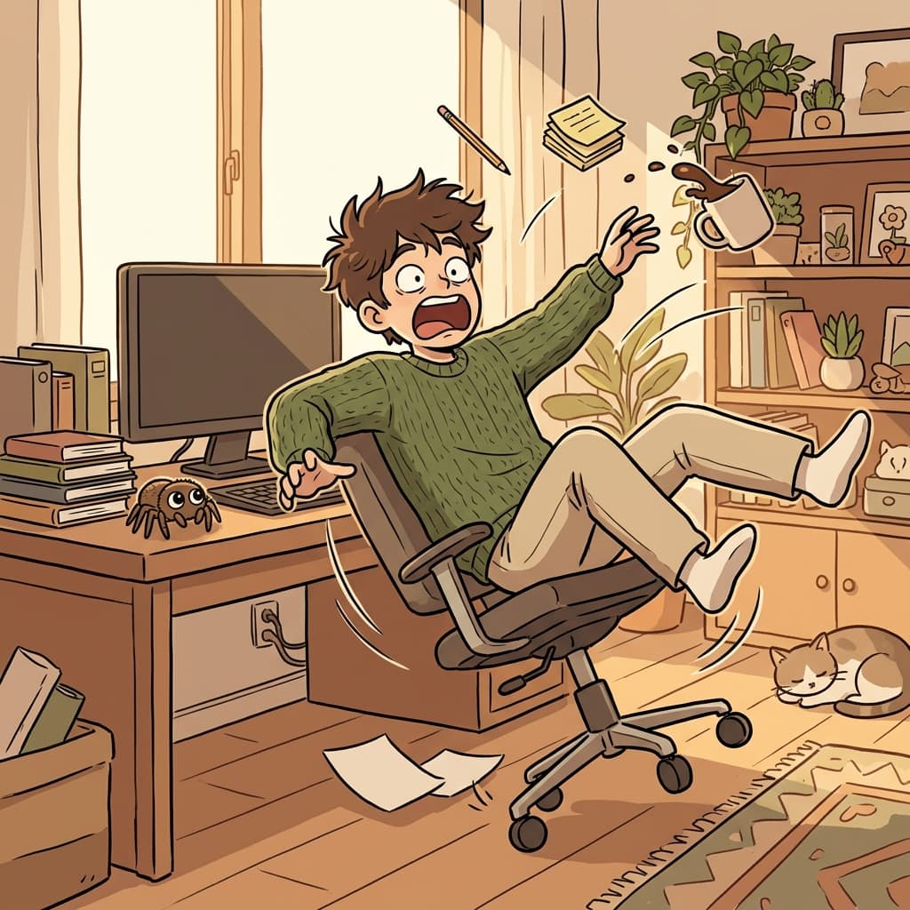 He literally jumped out of his chair when the spider crawled across his desk.