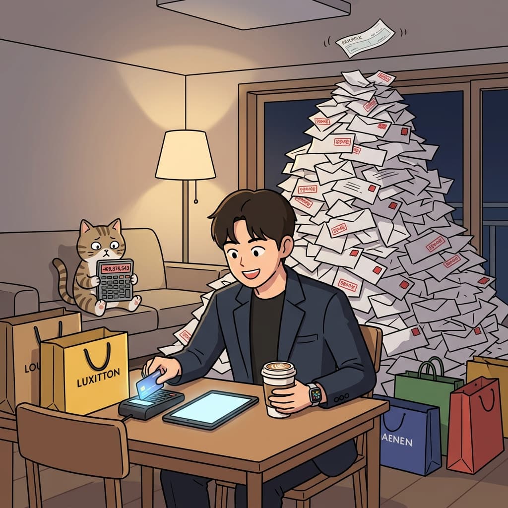 He keeps swiping his card to live beyond one's means, ignoring the unpaid bills piling up.