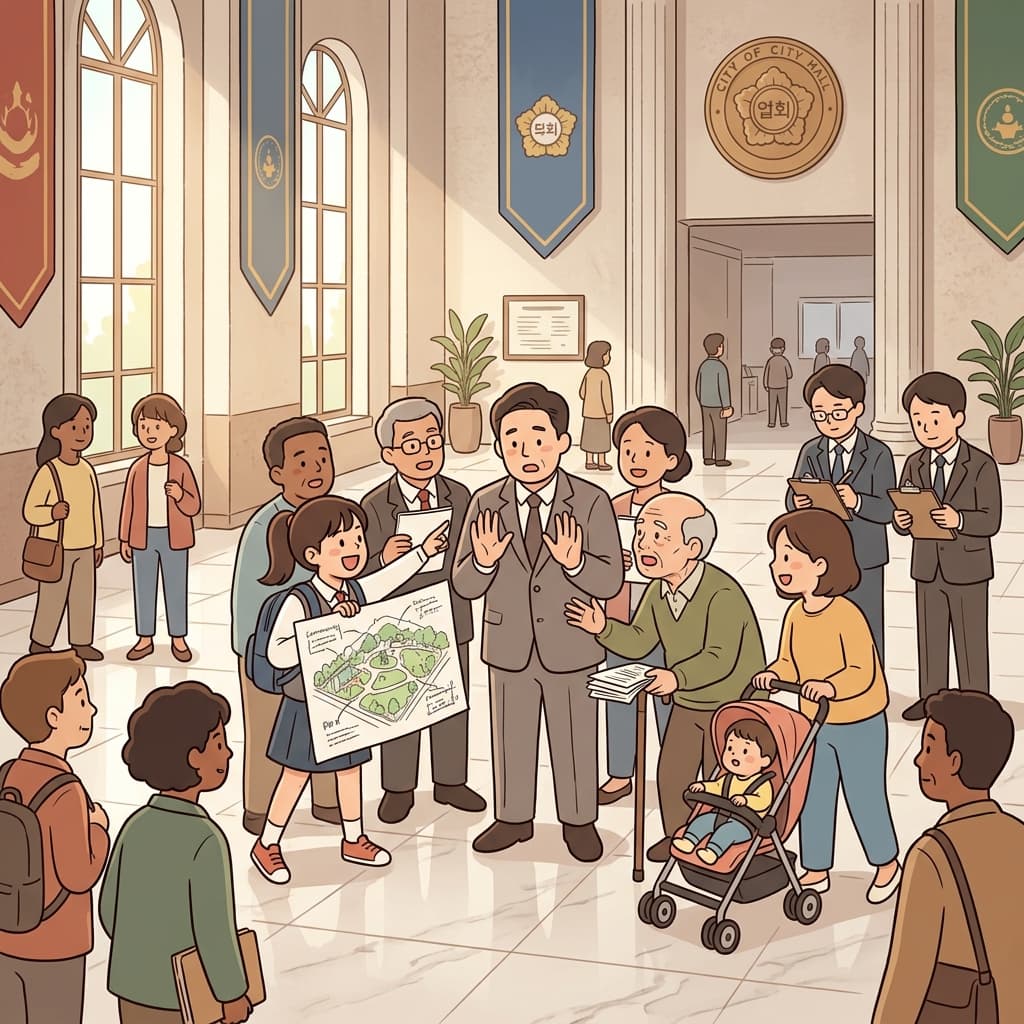 Citizens gather at city hall to lobby the mayor for a new park.